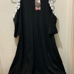 Aofur black mini dress cold shoulder chiffon with embroidered lace 38” long